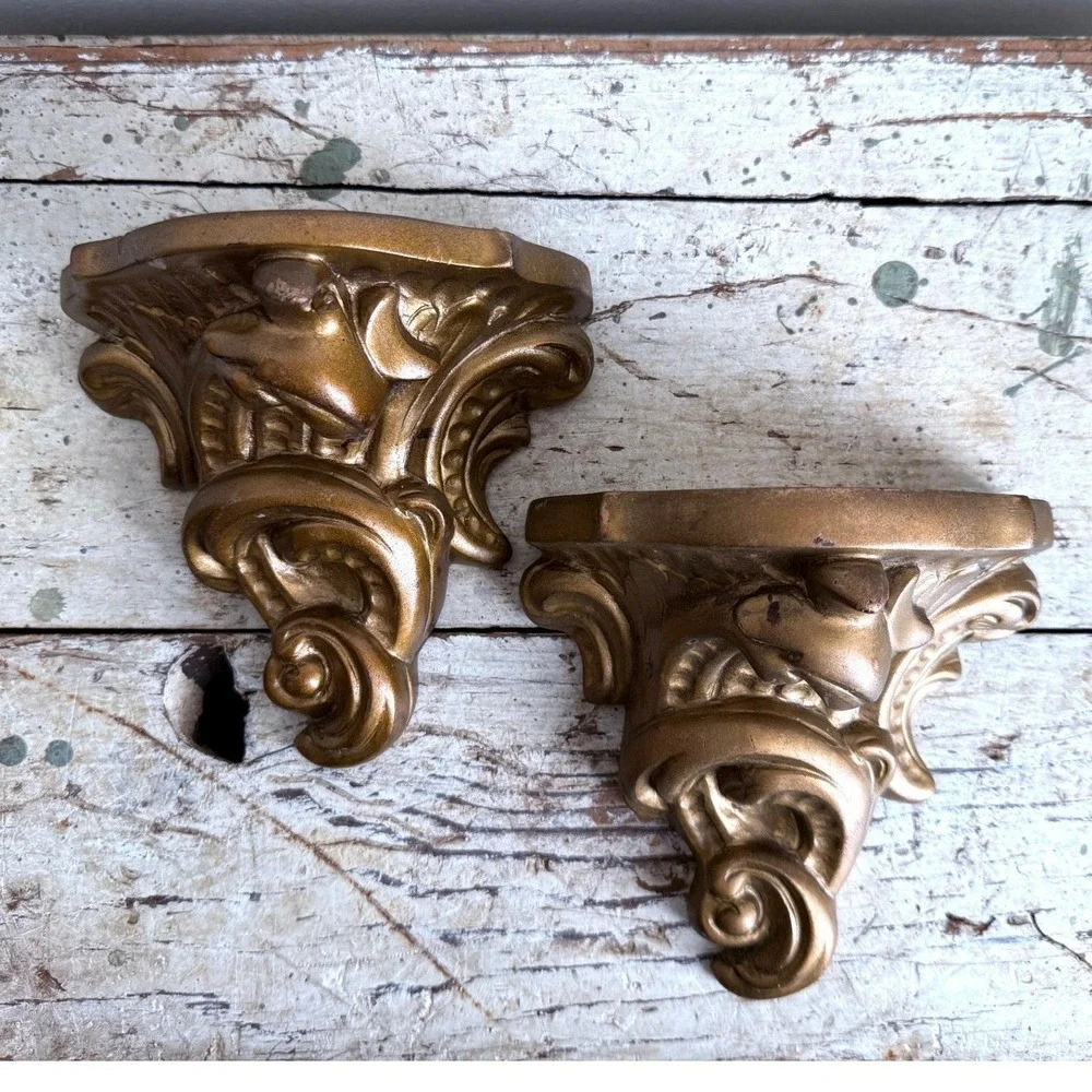 Vintage Pair Plaster Gold Wall Sconces Hollywood Regency Classical Shelf‎